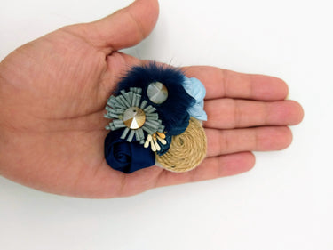 Hand Embroidered Navy Blue Floral Applique With Feather Pom Poms and Stones, 2 Pcs
